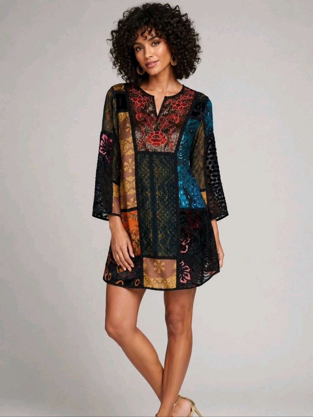 Soft Surroundings Patchwork Dress Tunic Top Embroidered Velvet Artsy Boho